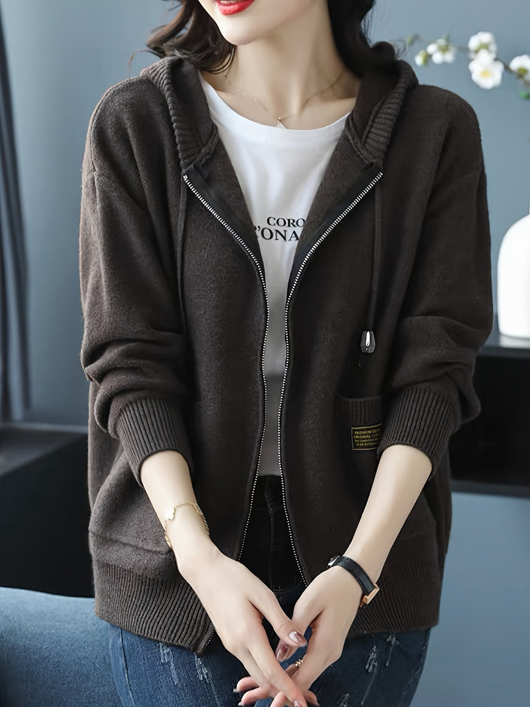 Demelza | Women's Zip-Up Hooded Knitted Cardigan with Pockets