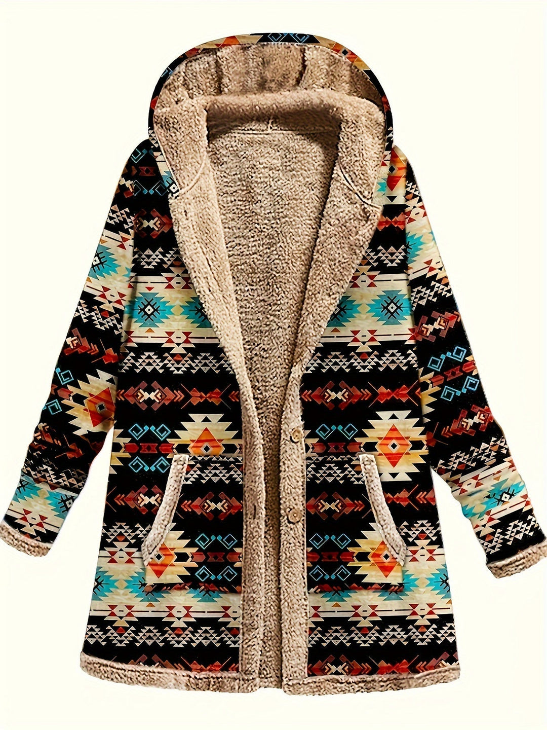 Rhoswen | Women's Aztec Print Fleece-Lined Hooded Winter Coat