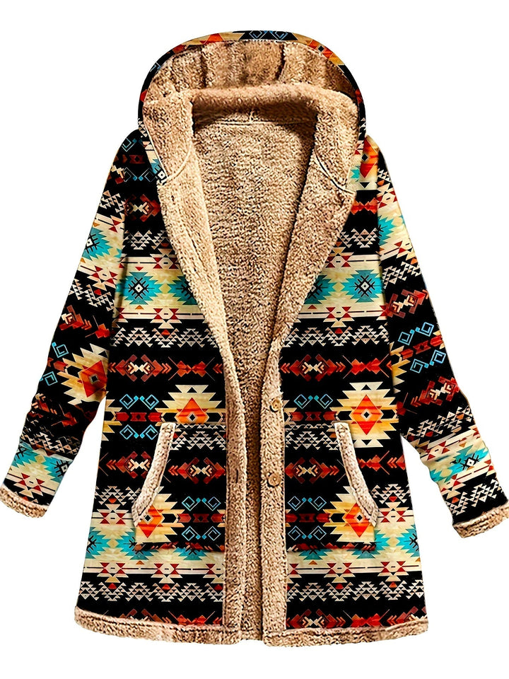 Rhoswen | Women's Aztec Print Fleece-Lined Hooded Winter Coat