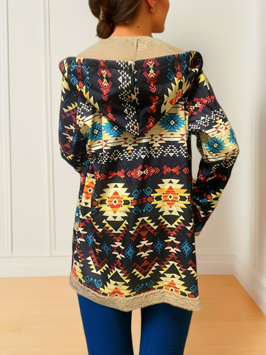 Rhoswen | Women's Aztec Print Fleece-Lined Hooded Winter Coat