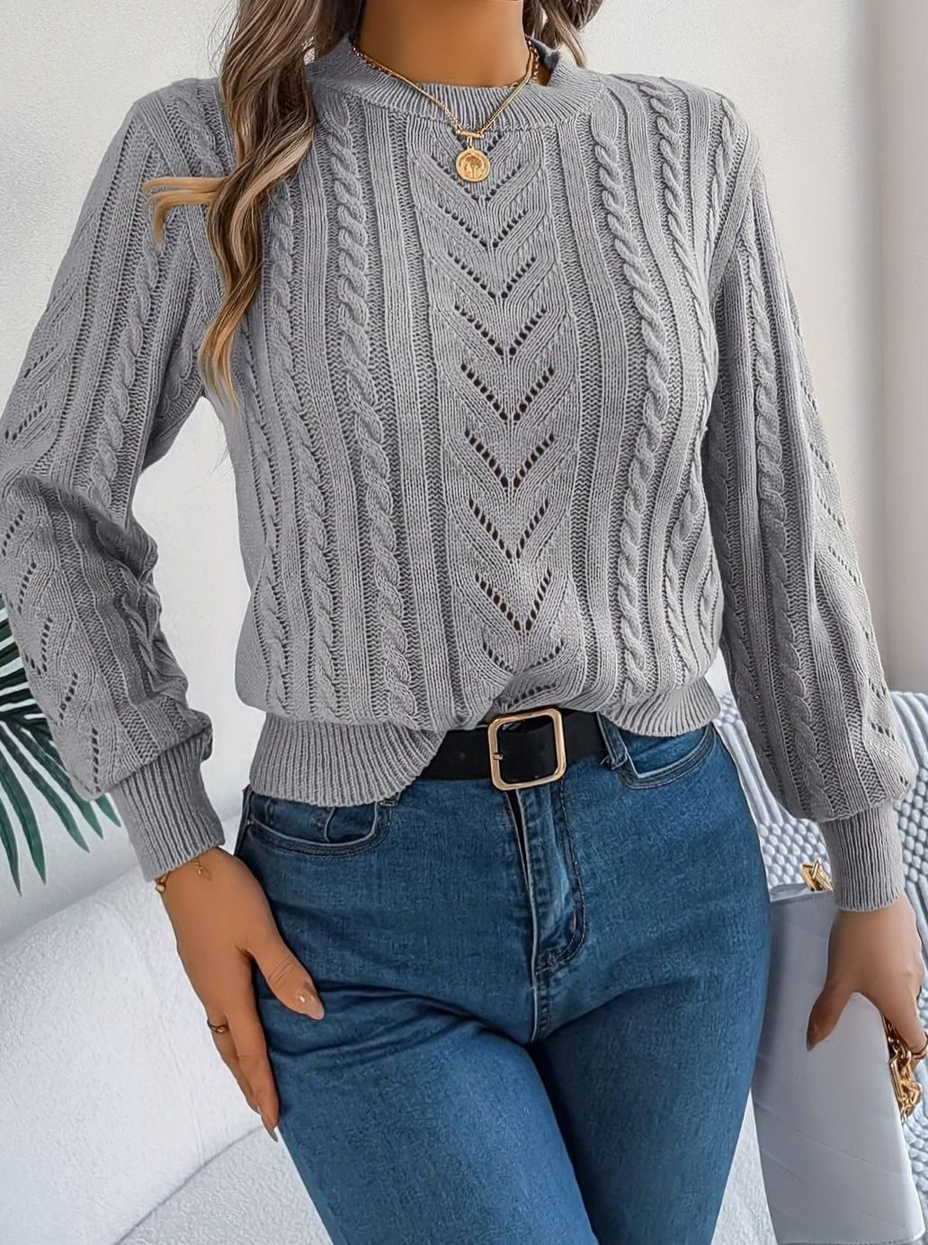 Ismay | Women's Cable Knit Openwork Crew Neck Jumper