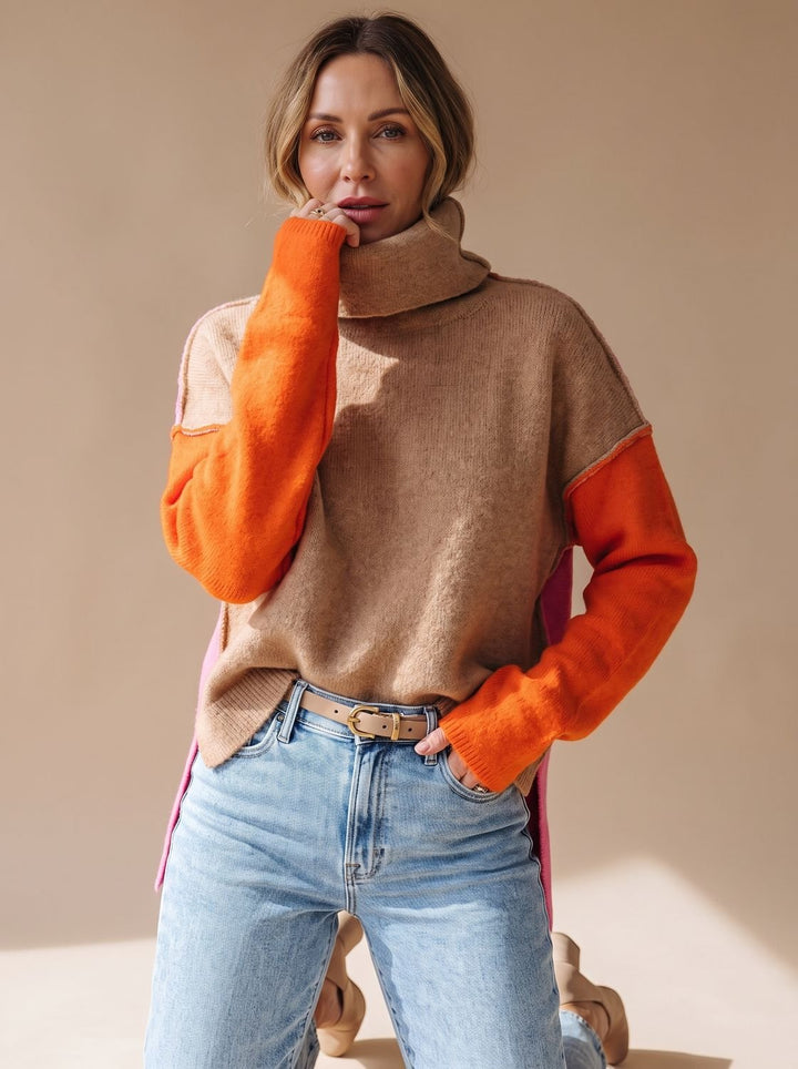 Cerys | Women's Colour Block Roll Neck Relaxed Fit Jumper