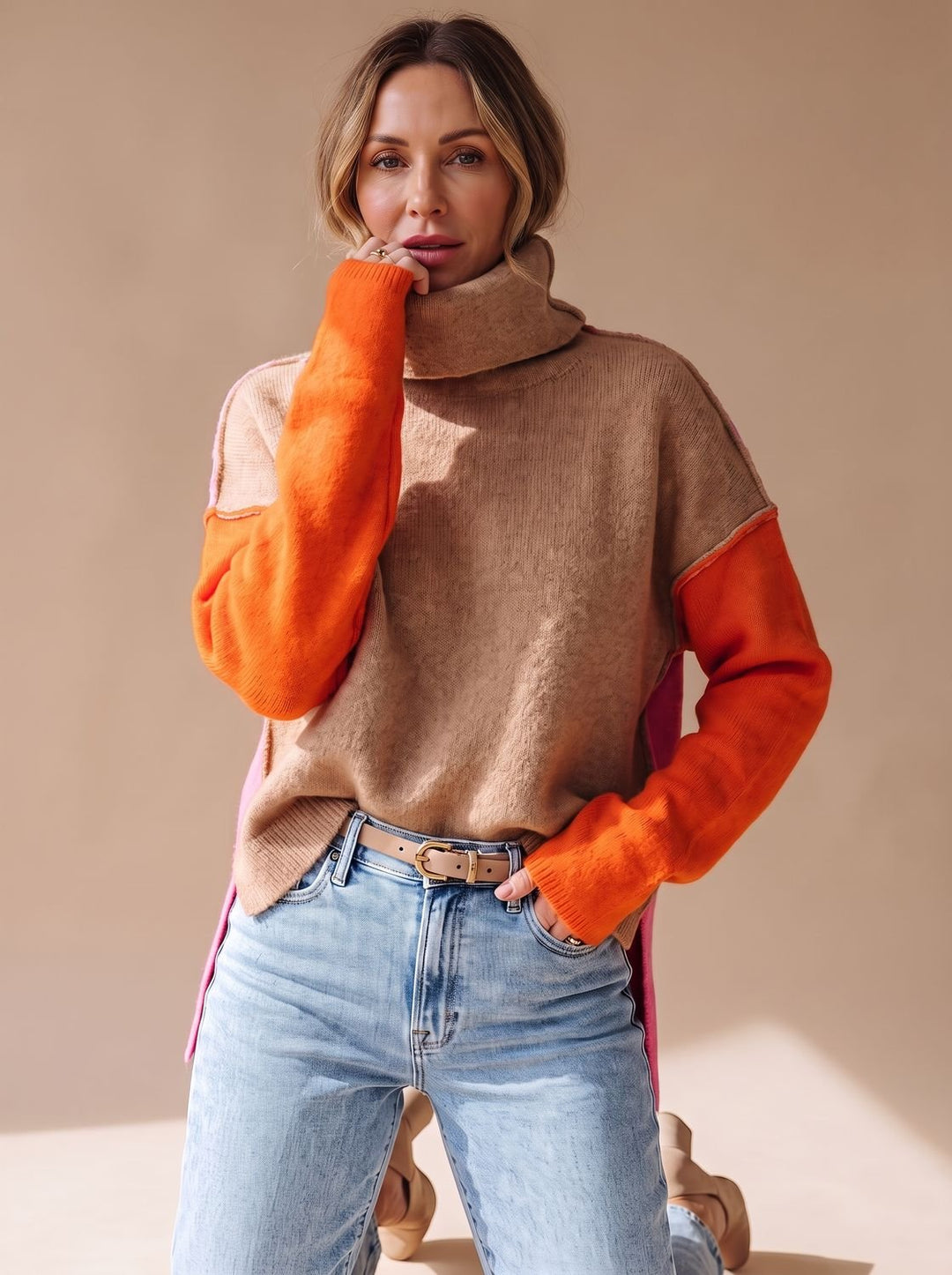 Cerys | Women's Colour Block Roll Neck Relaxed Fit Jumper
