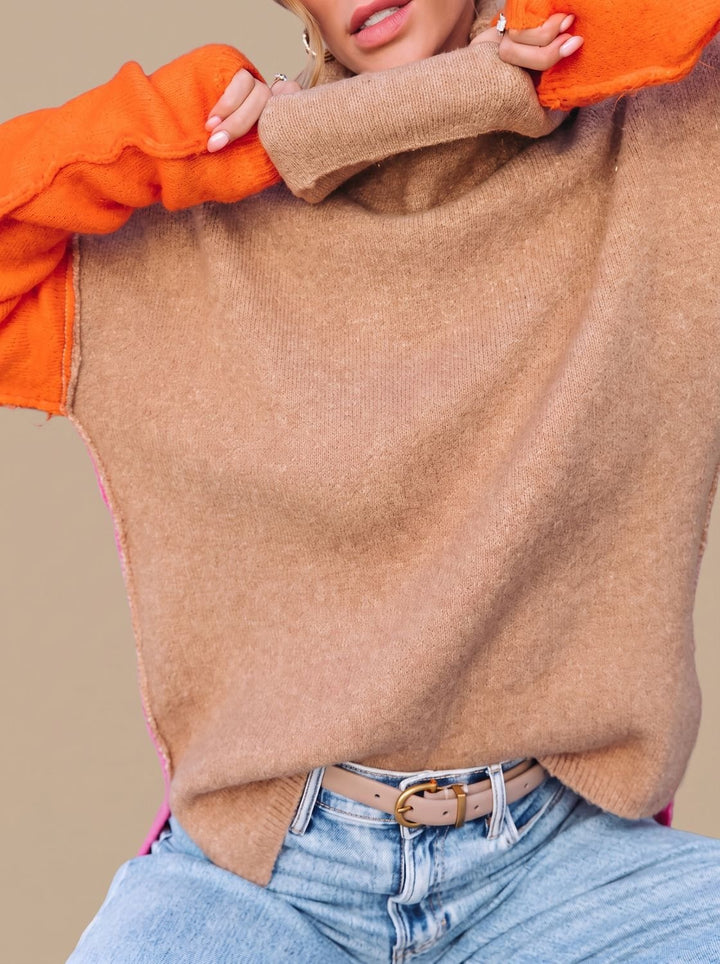 Cerys | Women's Colour Block Roll Neck Relaxed Fit Jumper