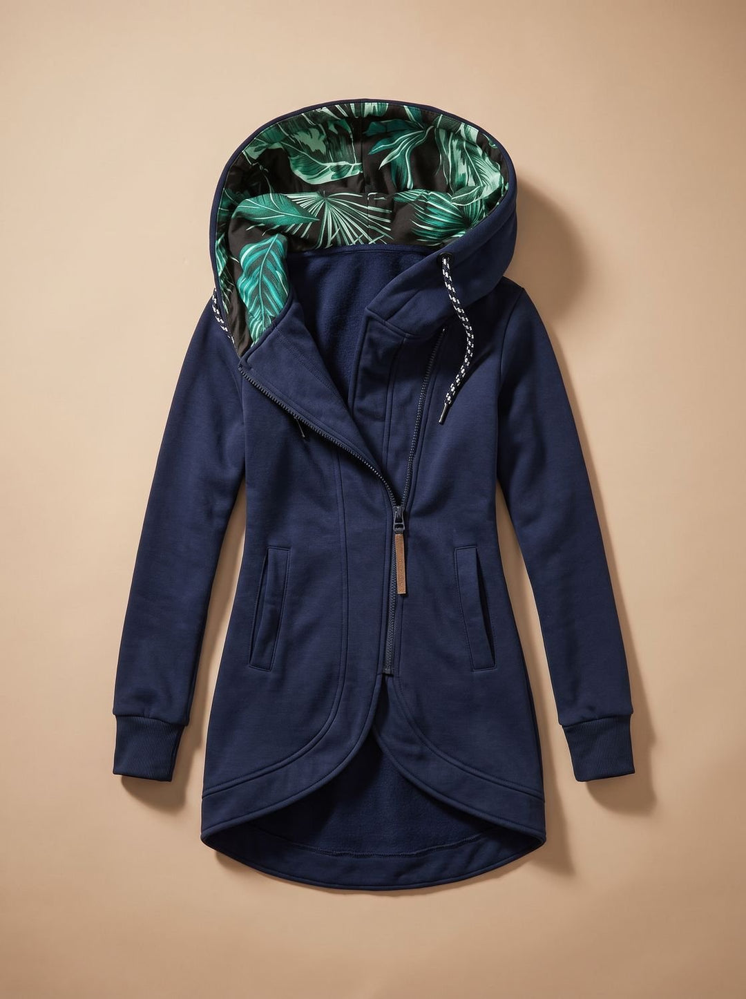 Avelise | Women's Longline Zip-Up Hooded Jacket with Tropical Lining