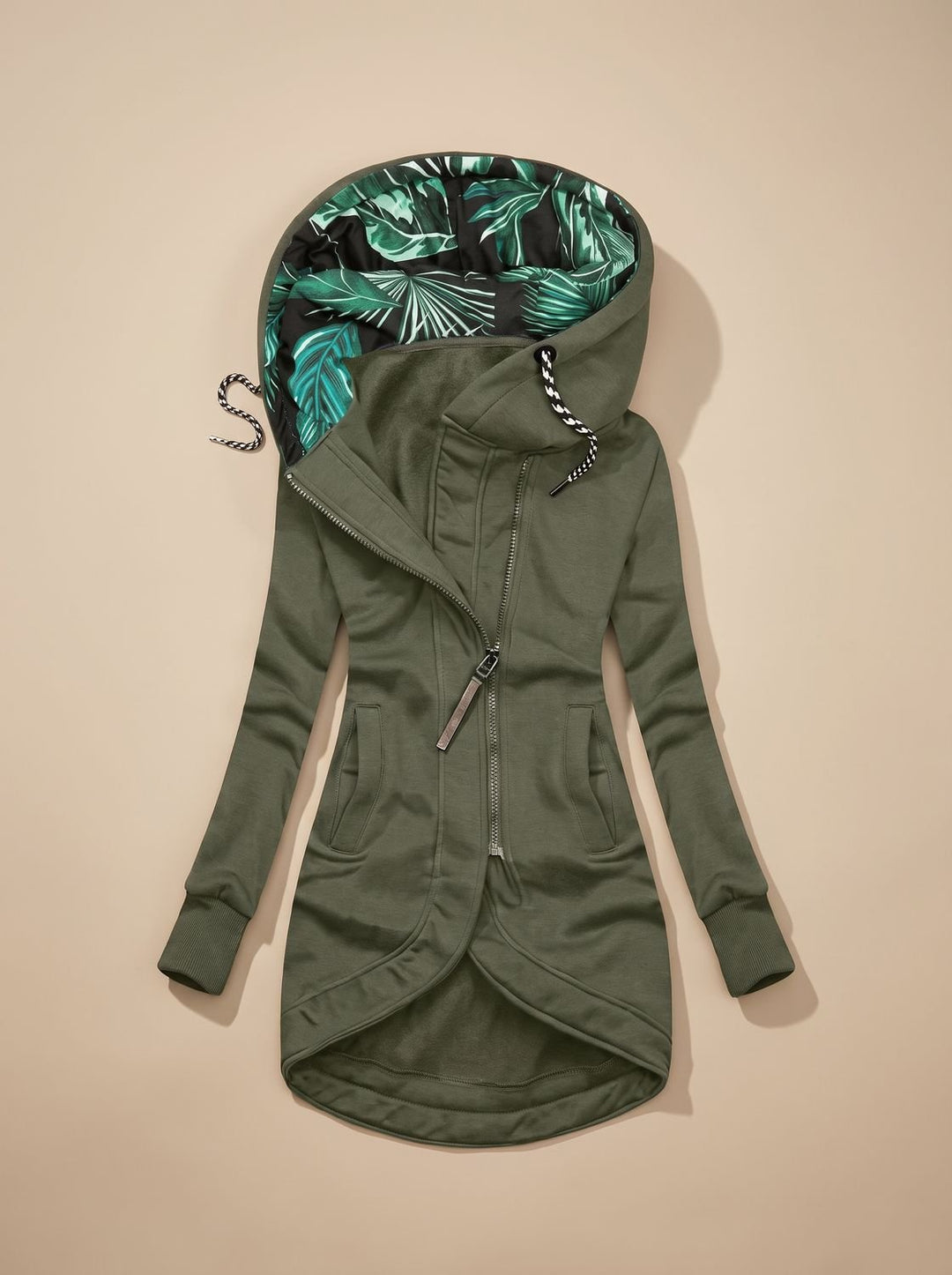 Avelise | Women's Longline Zip-Up Hooded Jacket with Tropical Lining