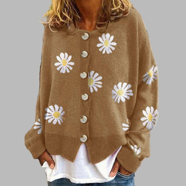 Elara | Women's Daisy Embroidered Button-Up Knit Cardigan