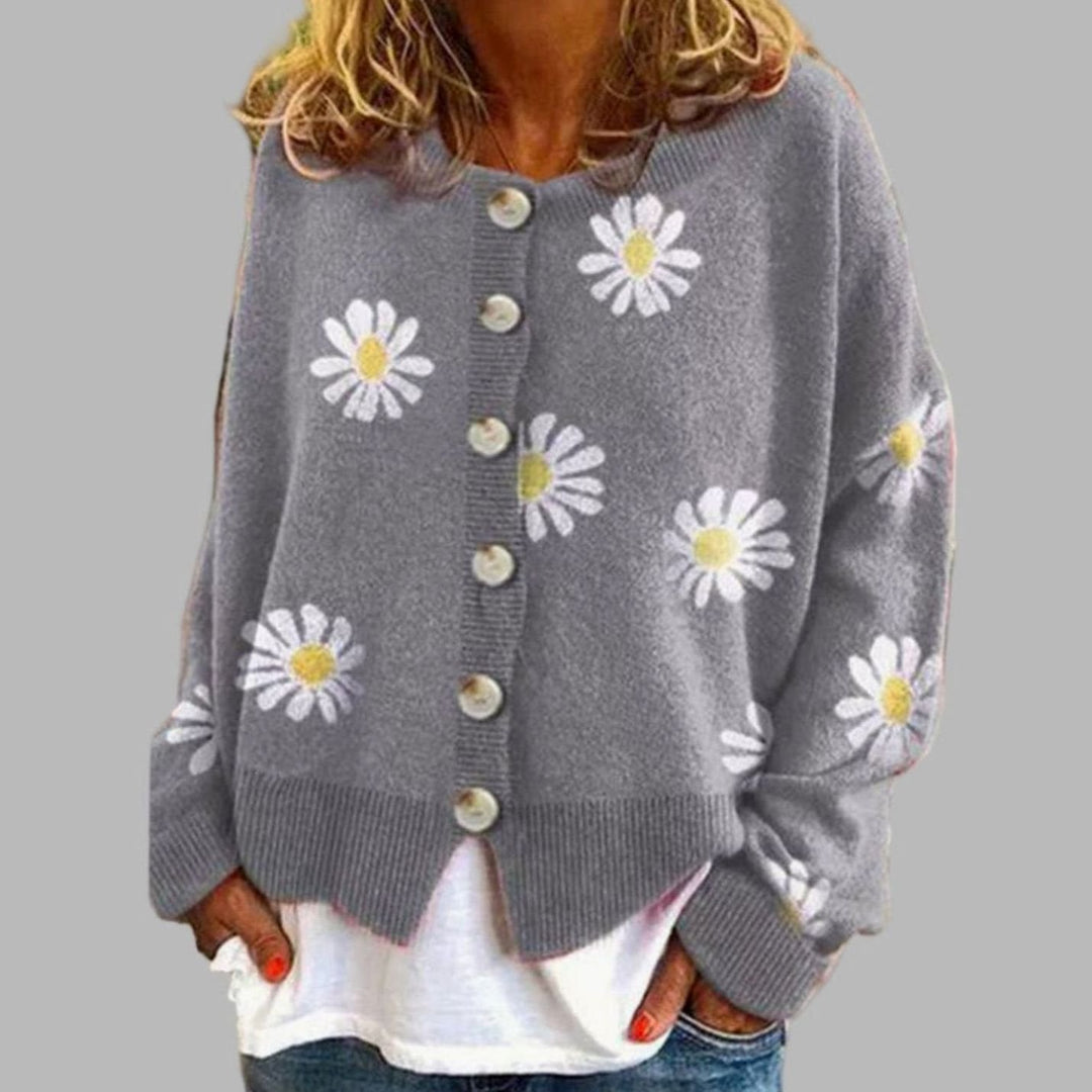 Elara | Women's Daisy Embroidered Button-Up Knit Cardigan