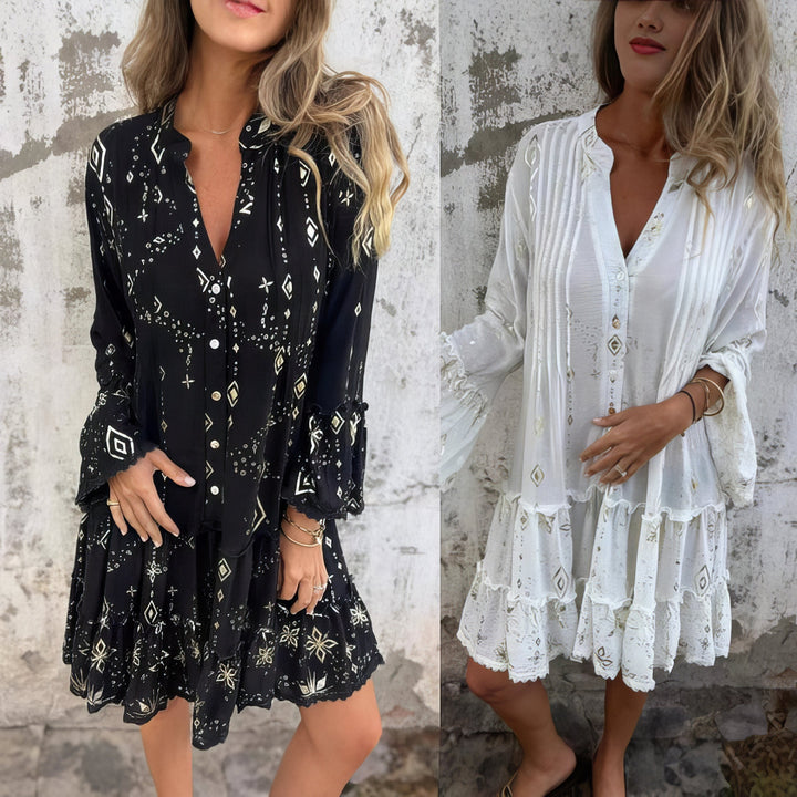Women's Boho Gold Foil Midi Dress