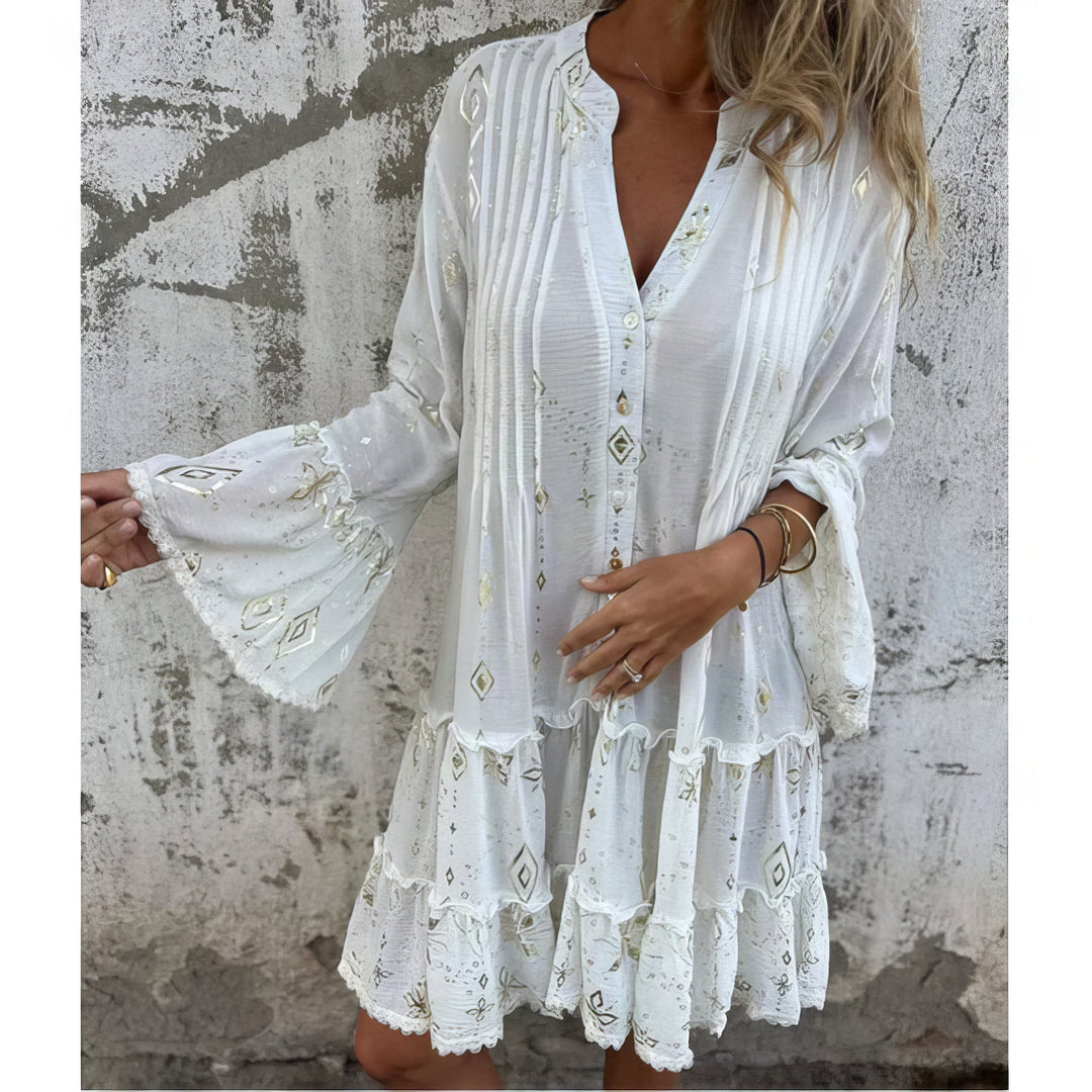 Women's Boho Gold Foil Midi Dress